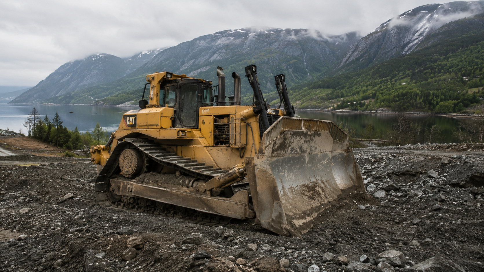 Caterpillar bulldosar i fjordlandskap